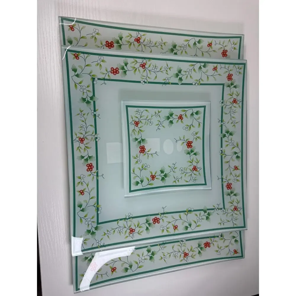Vintage Pfaltzgraff Winterberry 3-Piece Nesting Glass Tray Set Holly Berry